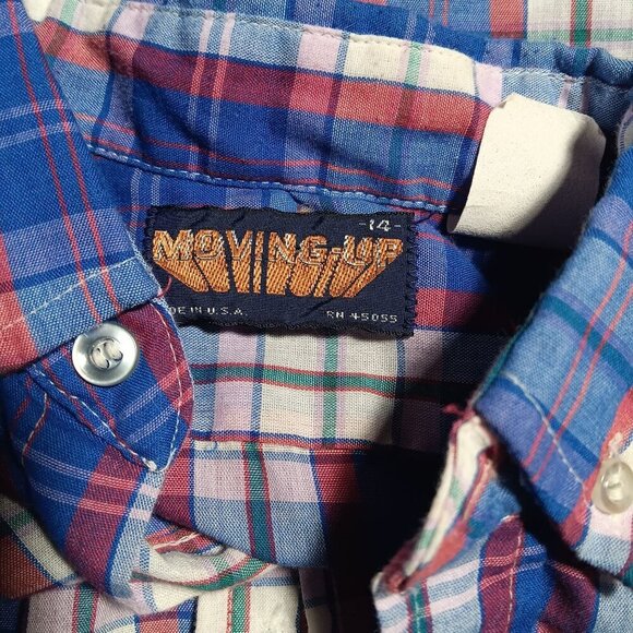 Vintage 1970's Boys 14 Shirt BLUE/RED OXFORD PLAID BUTTON DOWN MOD PREP SHIRT US - Picture 2 of 5